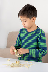 the boy with enthusiasm collects a skeleton of a dinosaur