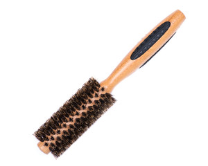 Round natural bamboo hairbrush with wild boar bristles isolated on white background