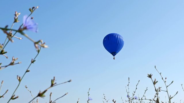 Blue hot air baloon flying on blue sky background