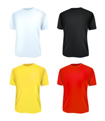 T-shirt template set, front view. Realistic vector illustration. Sport clothing. Casual men wear.
