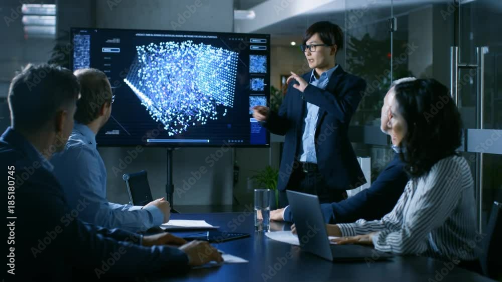 Aufkleber in the conference room chief engineer presents to a board of scientists new revolutionary approach f