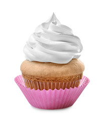 Delicious cupcake on white background