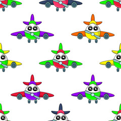 Cute kids aircraft pattern for girls and boys. Colorful aircraft on the abstract bright background create a fun cartoon drawing with cute eyes. The aircraft pattern is made in neon colors.