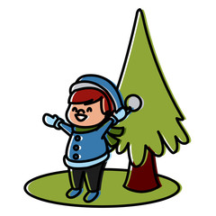Cute boy and christmas tree cartoon
