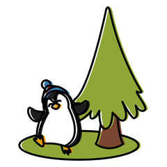 Penguin and christmas tree cartoon