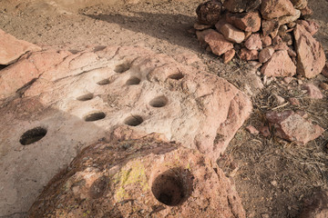 Mortar holes in a cave in the Organ Mountains near Las Cruces, New Mexico. 