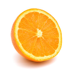 Half orange fruit on white background, fresh and juicy