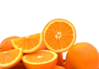 Sliced orange fruit segments isolated on white background