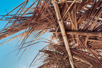 close up of hovel made of palm leaves on beach