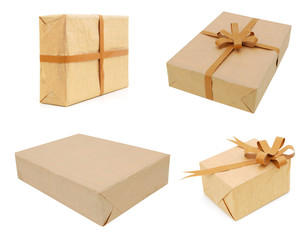 parcel wrapped with brown paper tied isolated on white background