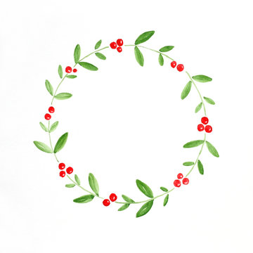 Christmas wreath watercolor drawing on white paper background, Christmas greeting card background