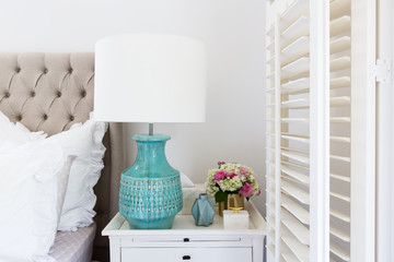 Bedside table details in a luxury Hamptons styled bedroom