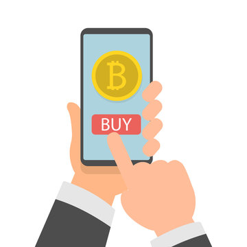 Businessman hand holding smartphone with Bitcoins on screen, Online bitcoin payment concept, Flat design vector