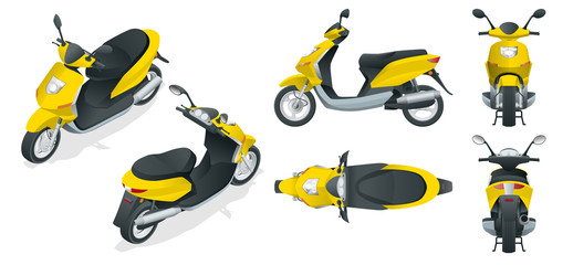 Trendy electric scooter, isolated on white background. Isolated electric scooter, template for branding and advertising. Front, rear, side, top and isometry front and back.