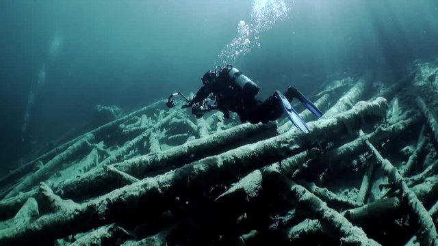 Scuba diving in Fernsteinsee mountain lake underwater Tyrol Austria. Beautiful emerald green alpine attractions of nature of Fernpass in Nassereith.