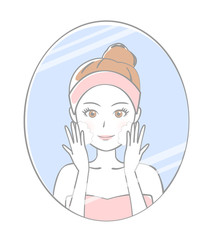 鏡に映る女性　洗顔