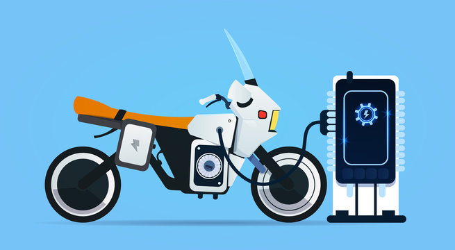 Hybrid Motor Bike Charging At Electric Charge Station Modern Motorcycle Concept Flat Vector Illustration