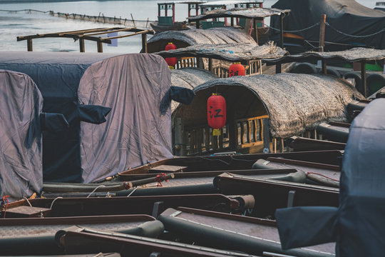 traditional tourist boats moored on Houhai lake,beijing,china