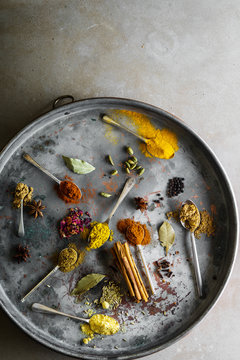 Herbs and spices on spoons on metal tray.