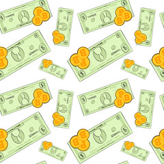 Seamless Pattern Bitcoins Money On White Background Crypto Currency Mining Concept Vector Illustration