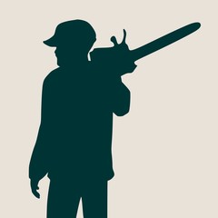 Lumberjack worker standing with chainsaw. Vector silhouette