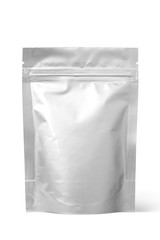 Silver foil zipper bag packaging, Isolated on white. © koosen