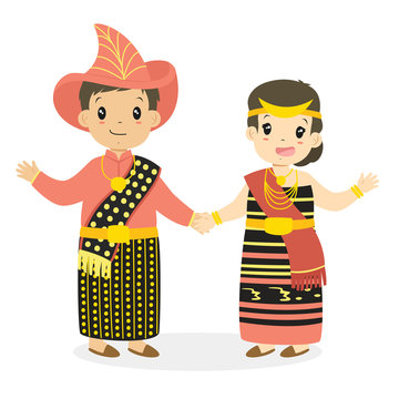 Happy boy and girl wearing Nusa Tenggara Timur traditional dress and holding hands. Indonesian children, NTT traditional dress cartoon vector