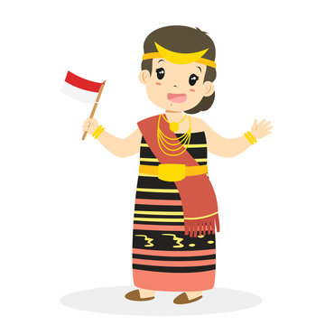Girl wearing Nusa Tenggara Timur traditional dress and holding Indonesian flag. Indonesian children, NTT traditional dress cartoon vector