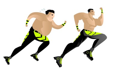 Fototapeta na wymiar chubby obese man running and athletic man runner