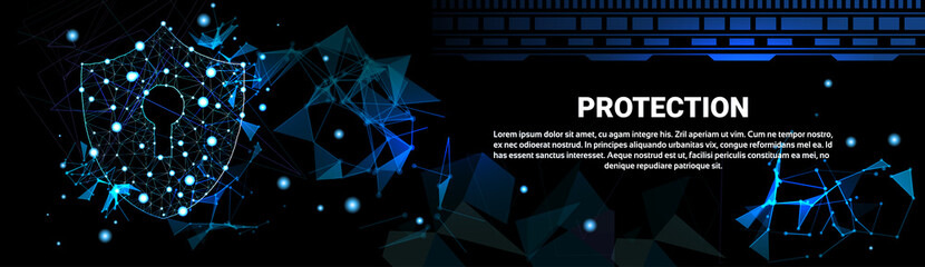 Shield Polygonal Over Dark Background Business Concept Of Data Security And Protection Horizontal Banner Vector Illustration