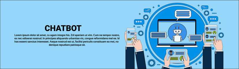 Chat Bot Concept Hand Holding Laptop, Tablet And Smart Phone Chatting With Chatter Horizontal Banner Online Support Service Technology Concept Vector Illustration
