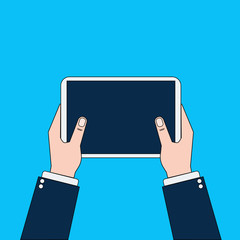 Business Man Hands Holding Digital Tablet Computer Isolated On Blue Background Thin Line Design Vector Illustration