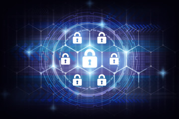 Security key lock icon digital display over the world map and Hexagon shape on dark blue background, business technology securities concept