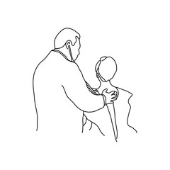 Doctor examining back of female patient with stethoscope vector illustration outline sketch hand drawn with black lines isolated on white background