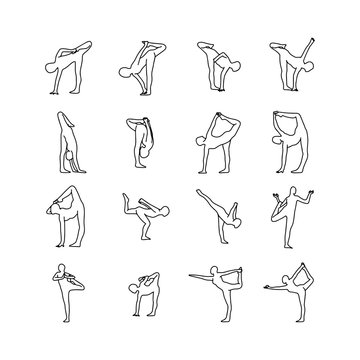 Yoga poses vector illustration outline sketch hand drawn with black lines isolated on white background. Set 1.