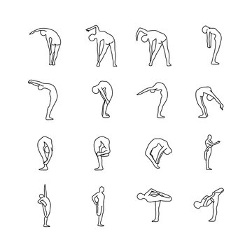Yoga poses vector illustration outline sketch hand drawn with black lines isolated on white background. Set 3.