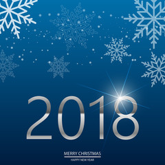 Happy New Year blue blured background with falling snow and gold text 2018. Vector