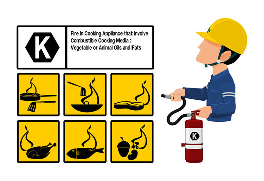 Set of Class K fire icon and  the industrial worker hold the Extinguisher tank. Class K fire is cooking fire involving combustion from liquids used in food preparation
