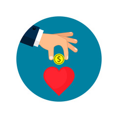 Invest in your health or love concept. Hand put money into heart vector illustration on round background