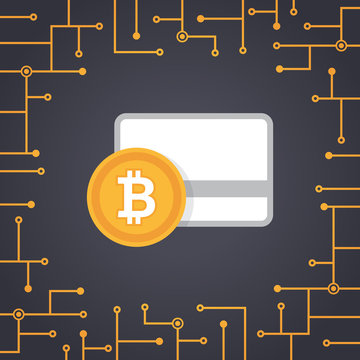 Bitcoin payment in flat design vector with circuit board background. Bitcoin icons of payment, withdrawal, cash and transfer. Cryptocurrency technology