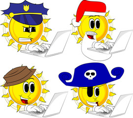 Cartoon sun working with laptop. Collection with costume. Expressions vector set.