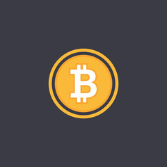 Bitcoin symbol in flat design vector. Bitcoin coin on black background. Cryptocurrency vector illustration