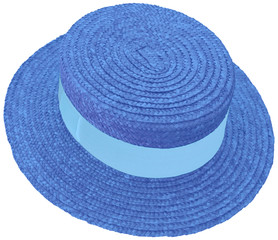 Fototapeta na wymiar chapeau de paille bleu bandeau couleur , canotier Maurice Chevalier, fond blanc