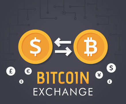 Dollar to bitcoin currency exchange. Bitcoin exchange with bitcoin coin symbol and sign of other currencies. Cryptocurrency technology. Vector illustration