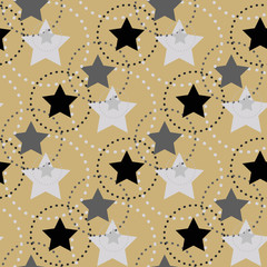 Seamless star pattern. Endless glitter starless, asterisk confetti. Childish, baby modern textile ornate. Festive shiny cute background. Cloth, fabric design. Light brown, grey, gold and black colors.