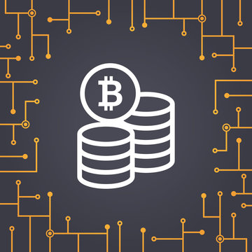 Bitcoin coin flat icon on circuit board background. Bitcoin coin in line flat style. Digital money. Vector illustration