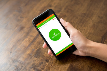 Hand holding smartphone showing successfully confirmation text on screen after shopping online