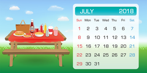 calendar of JULY 2018 month theme outdoor picnic