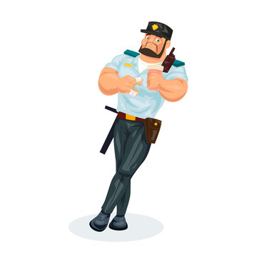Policeman, lunch break, food, eating donut, drinking hot coffee drink.