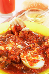 Eggplant caviar with vegetables, boiled eggs and bread. Dietetic nutrition. Closeup